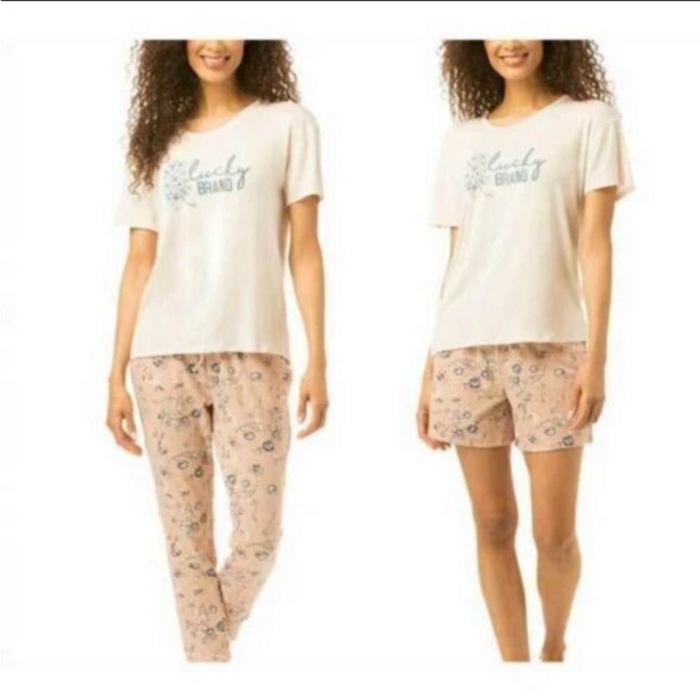 Lucky Brand 3 Piece Tee Short Jogger Pajama Set Size Small NWT Pink Floral